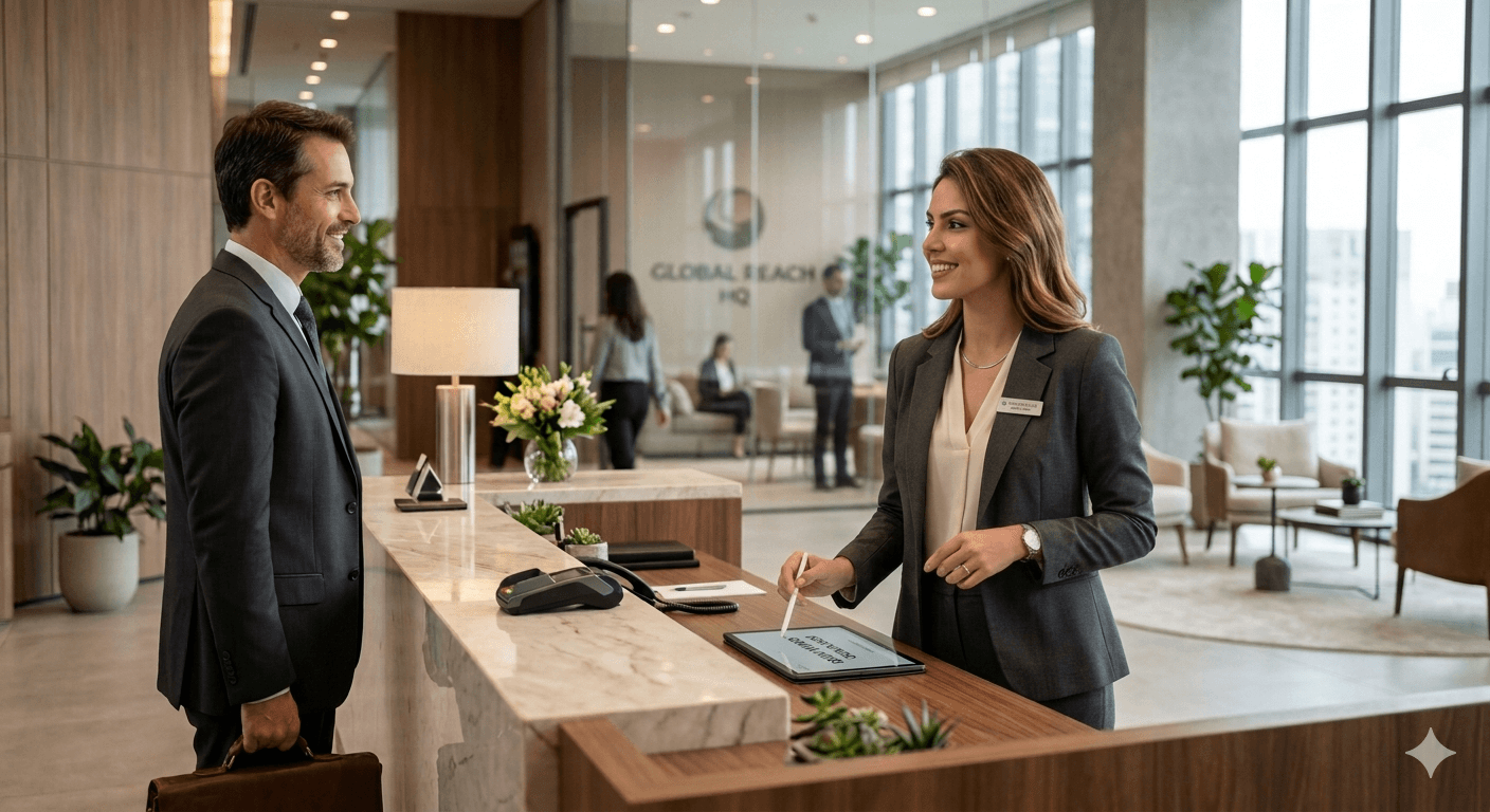 Recepcionista em ambiente corporativo acolhedor